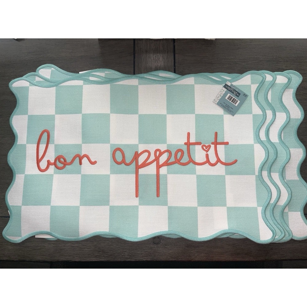 The Spring Shop Bon Appetite Placemats Set Of 4- Turquoise & White 14" X 22"